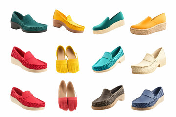 A chic assortment of women's espadrilles in a variety of colors and styles, cut out against a transparent background, perfect for sunny days and casual fashion.