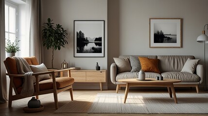 Cozy living room interior, Scandinavian style. Wooden furniture and elegant.