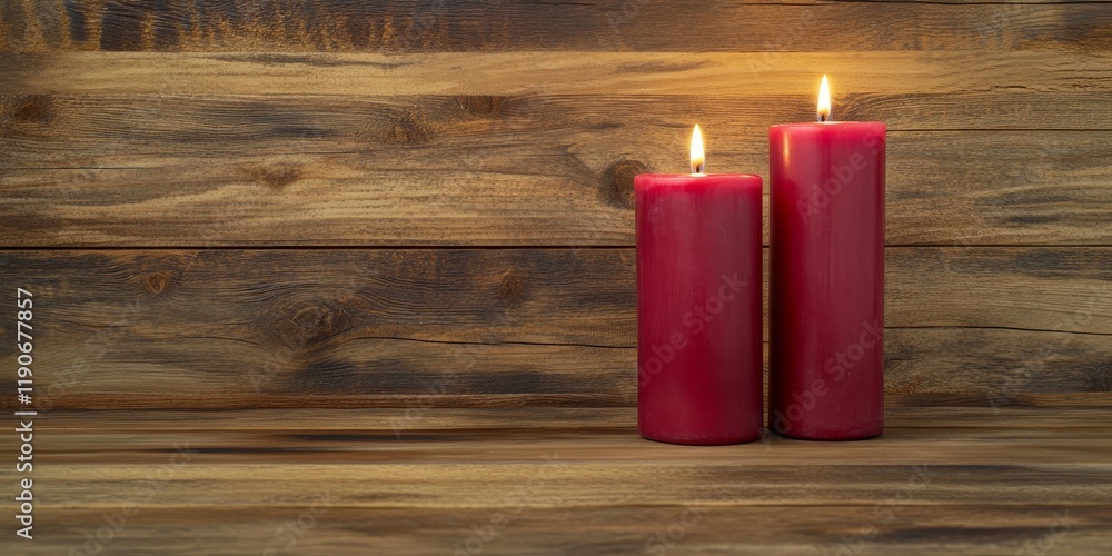 Poster atmospheric setting with two flickering red candles on a rustic wooden table surrounded by warm natu
