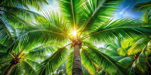 Fototapeta premium Minimalist Lush Tropical Trees: Palm Leaves and Sunlight, Stock Photo