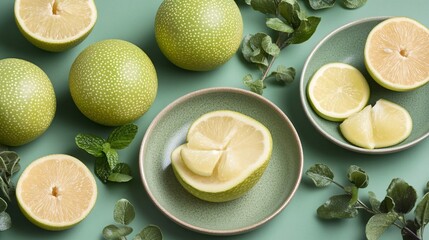 Fresh Green Citrus Fruits Sliced on Green Plates with Mint Leaves