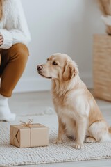 A woman sits on the floor next to a dog, who is looking at a brown box. The dog appears to be curious about the box, and the woman seems to be watching the dog's reaction