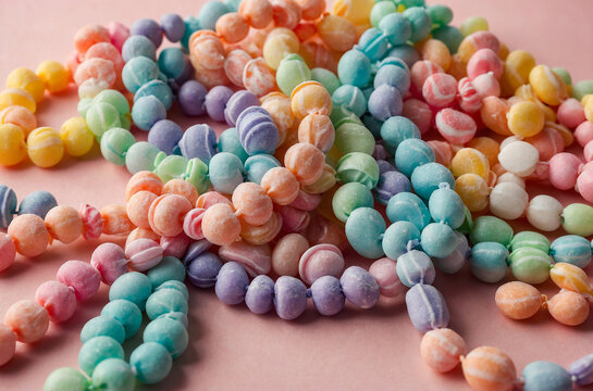 Candy necklaces draped across a pastel background, playful and nostalgic