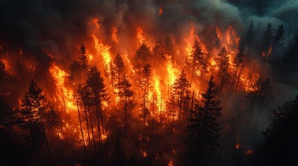 Fototapeta premium Spreading Wildfire Through Forest with Intense Flames