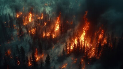 Fototapeta premium Aerial View of Intense Wildfire in Dense Forest