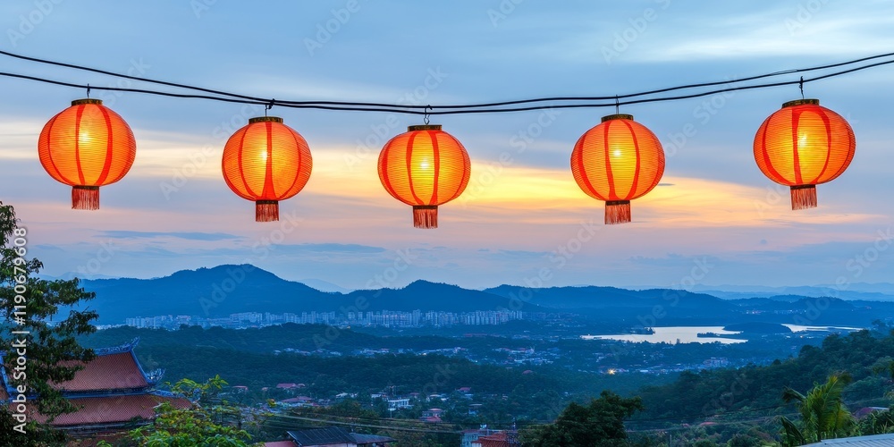 Poster beautiful sunset over mountains with traditional red lanterns hanging on a string, creating a warm a
