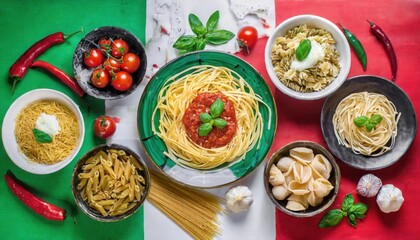 Italian food concept with pasta, vegetables, olive oil, cherry tomatoes, italian flag background.