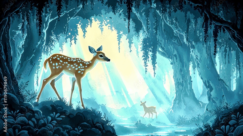 Poster Enchanted Forest Scene with Two Deer in a Mystical Environment Surrounded by Vibrant Greenery and Soft Light Filtering Through the Trees