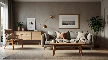 Cozy living room interior, Scandinavian style. Wooden furniture and elegant.