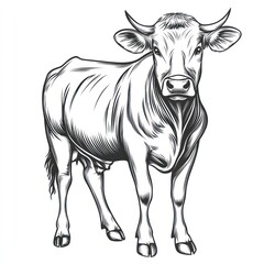 Fototapeta premium Standing Cow, Farm Animal, Line Art, White Background, Food Industry Illustration