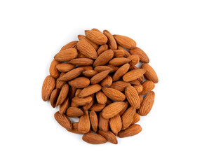 Almonds pile isolated, nut group, almond seeds, brown scattered fruit kernels on white background