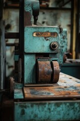 A serene photo of an old printing press with weathered metal plates and worn rollers