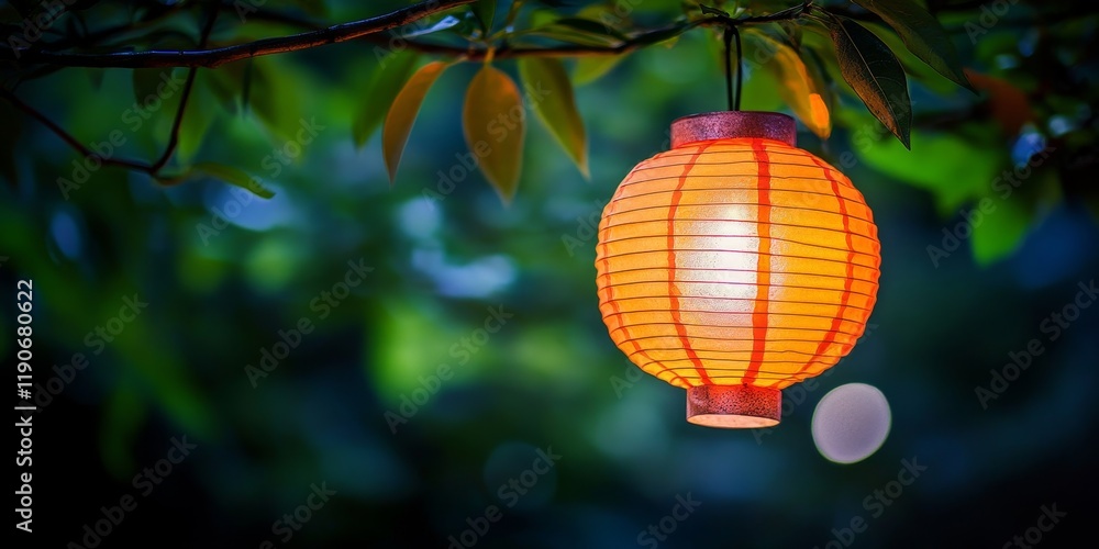 Poster beautifully illuminated asian lantern hanging in lush greenery with soft bokeh background creating a