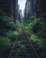 A serene photo of an overgrown train track disappearing into a crumbling cityscape