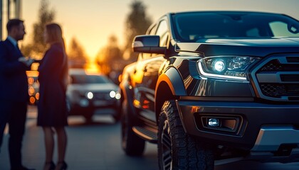 Naklejka premium Dealership Negotiation Sales Team Engages Customers by a Powerful, Rugged Truck at Sunset