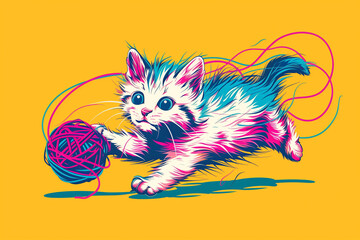 Fluffy kitten chasing colorful ball of yarn in playful expression - cartoon vector