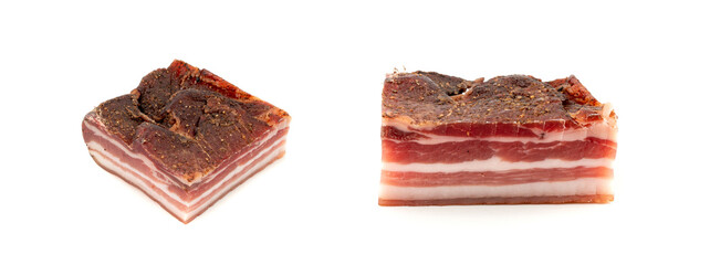 Cured carbonara pork isolated, raw smoked bacon, streaky brisket on white background