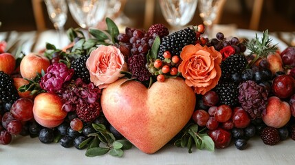 Heart-Shaped Centerpiece with Fresh Fruits and Flowers for Whimsical Valentine's Day Table Setting