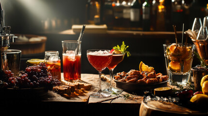 Obraz premium Wide-angle view of a luxurious cocktail bar setup with signature drinks and gourmet bar snacks, ideal for upscale hospitality, nightlife promotions, and modern dining experiences. 