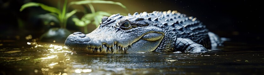 Obraz premium Close-Up of a Crocodile Emerging from Water Surrounded by Lush Greenery in a Serene Natural Habitat Capturing Raw Beauty and Wildlife in Action