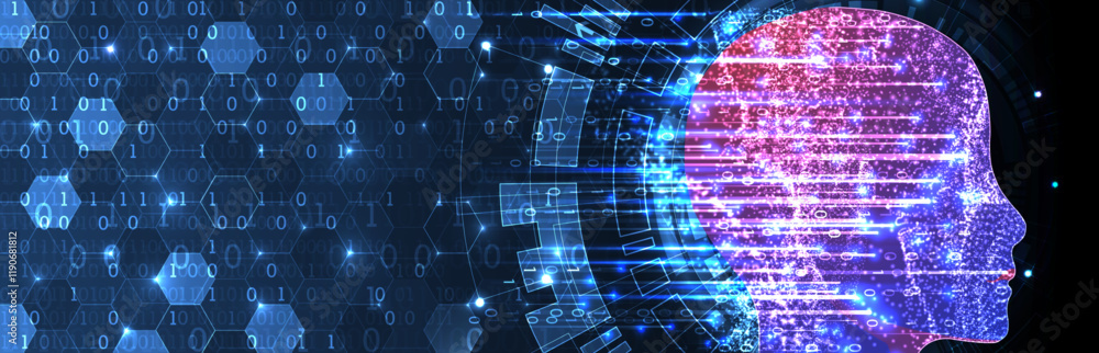 Aufkleber Artificial Intelligence. Technical background with a silhouette of a man. Big data concept. Machine cyber mind.