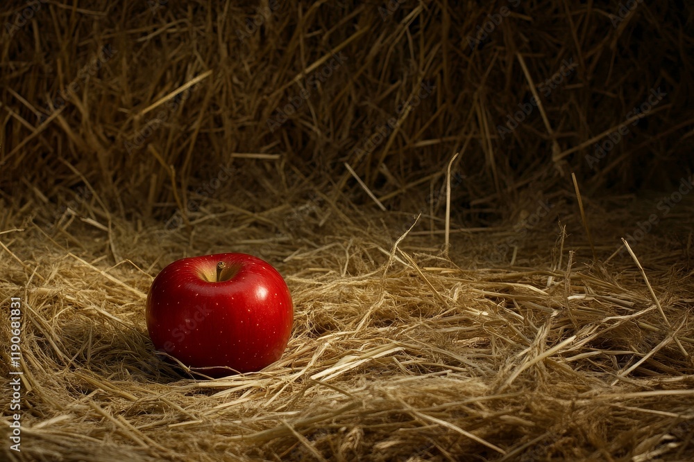 Poster bright red apple on natural straw background displaying vibrant color and texture for farm fresh org