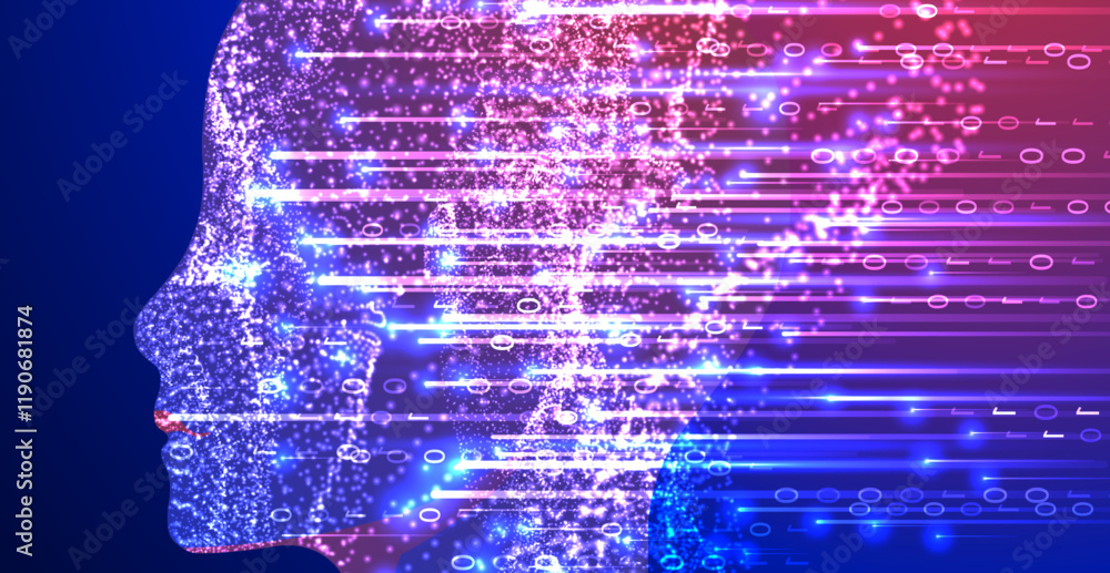 Poster Artificial Intelligence. Technical background with a silhouette of a man. Big data concept. Machine cyber mind.
