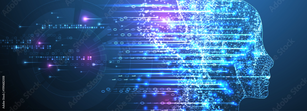 Aufkleber Artificial Intelligence. Technical background with a silhouette of a man. Big data concept. Machine cyber mind.