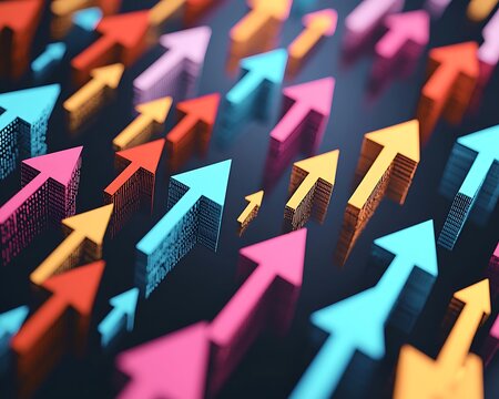 Colorful arrows representing market growth and decline.