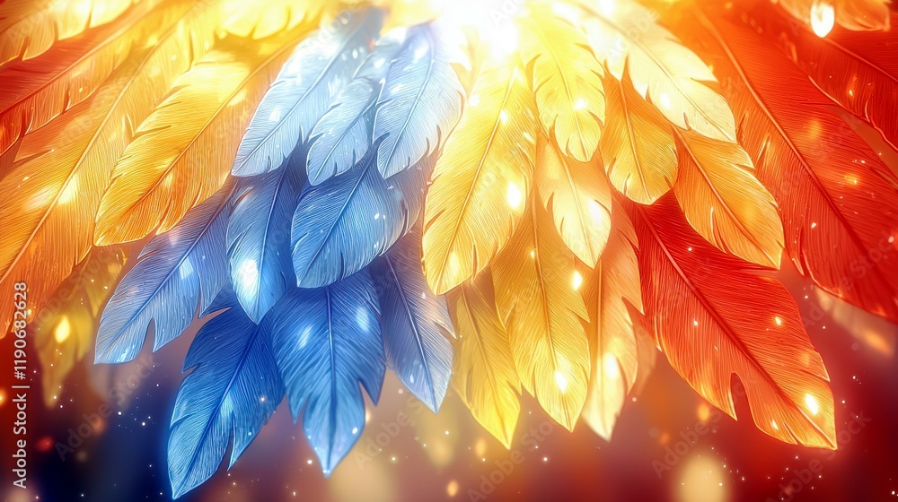 Poster vibrant colorful feathers in bright red, blue, and yellow hues with a soft glow creating an enchanti
