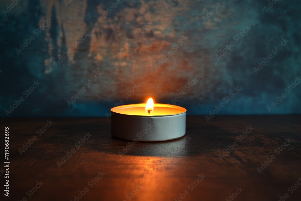 Poster calm and serene candle flame illuminating a dark surface with soft blue and gray background creating