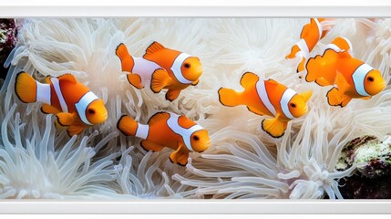 Six orange clownfish swimming amidst white sea anemone tentacles.
