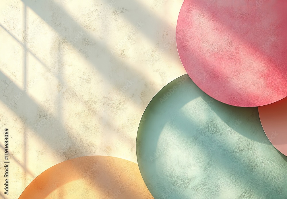 Poster pastel colored circles overlapping on textured background with window light beams