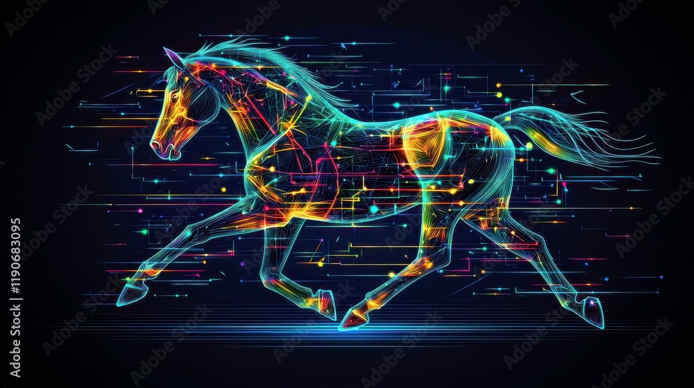 Poster vibrant digital horse in motion with colorful neon lines and abstract patterns on a dark background,