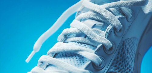 A close-up of sports sneakers on a blue background, with laces dynamically untangling, showcasing the speed and flexibility required for athletic performance.