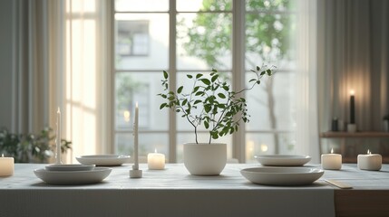 Serene Minimalist Table Setting with Candles and Greenery
