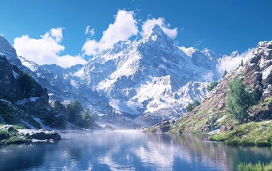 A majestic snow-capped mountain range under a clear blue sky, with a tranquil lake at the base