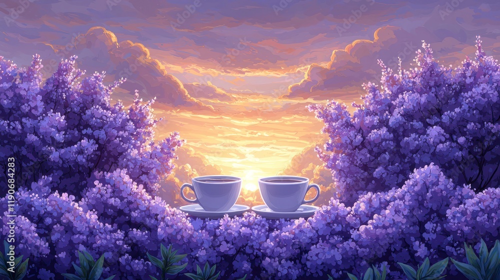 Wall mural Tea cups at sunset among blooming trees.