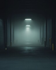 A serene shot of a quiet loading dock covered in morning fog, with dim lighting creating a mysterious atmosphere