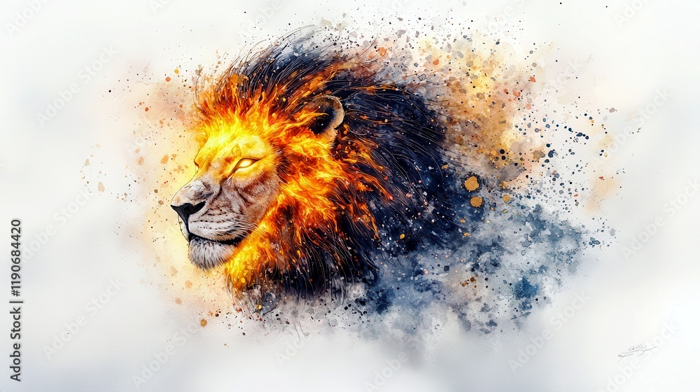 Poster majestic lion with fiery mane surrounded by abstract splashes of color, evoking strength and power i