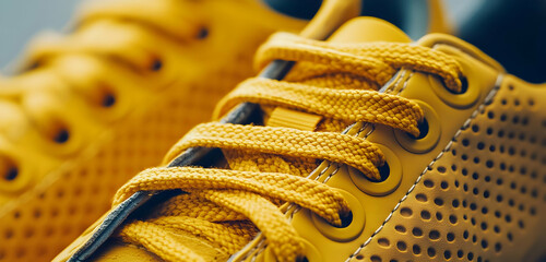 A close-up side view of yellow non-branded sports sneakers with developing laces, displayed on a neutral studio backdrop to show off their minimalist design.