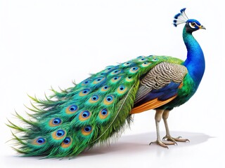 Obraz premium Dazzling Peacock Isolated on White, Majestic Bird, Aerial View, Stunning Feathers