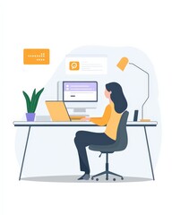 A serene shot of a support agent resolving a customer query on a live chat system, with an organized desk setup