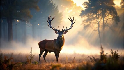 Obraz premium A majestic red deer stag silhouette stands proudly against a soft, misty backdrop in a serene forest setting, exuding strength and elegance , antlered, wildlife photography