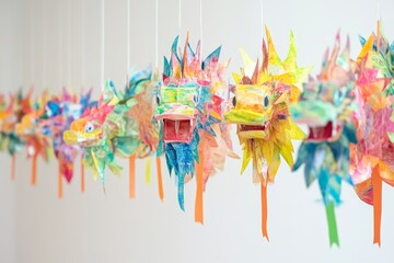Obraz premium Colorful Paper Dragon Masks Hanging in a Row, Showcasing Artistic Creativity and Vibrant Art for festive Celebrations and Cultural Events