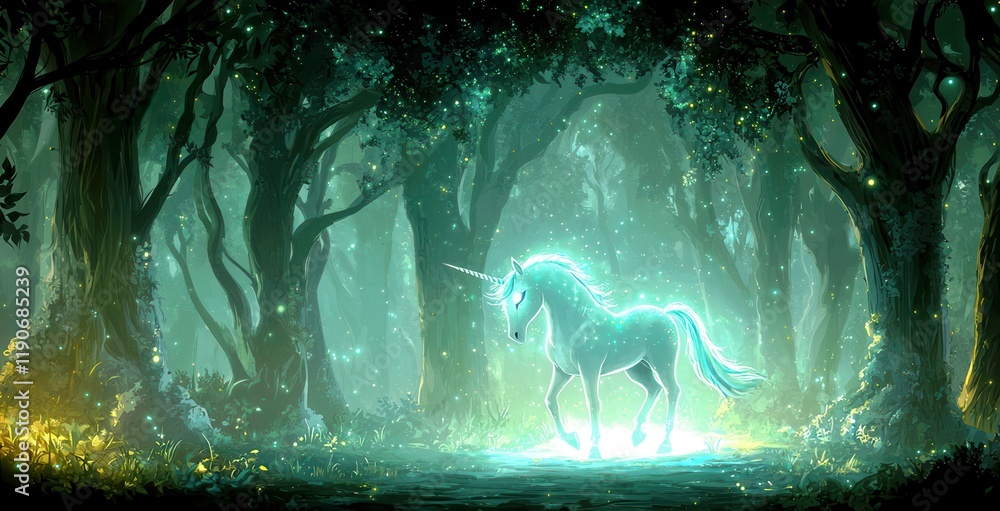 Poster enchanted unicorn in a mystical forest with soft glowing lights and lush greenery, perfect for fanta