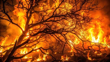 Flaming Tree Branches in the Night, forest fire, natural fire,  forest fire, natural fire