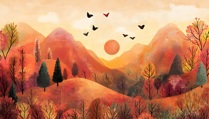 Autumnal Mountain Landscape With Sunset And Butterflies