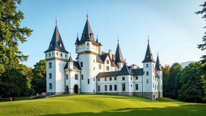 Majestic white castle with vibrant red and black roofs stands amidst lush green fields. Towering trees flank its sides, enhancing its grandeur