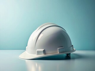 Fototapeta premium Minimalist White Hard Hat on Pale Blue Background - Safety Gear Stock Photo